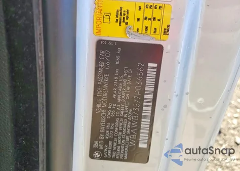 2007 BMW 335 I z USA, uszkodzony, nr VIN WBAWB73577P036562